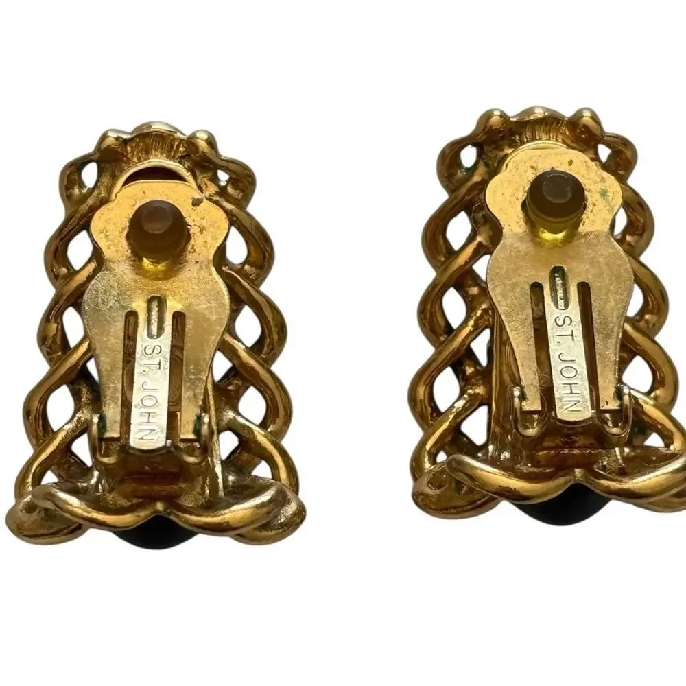 St. John Designer Gold Plate Twist Black Enamel Half Hoop Clip Earrings Vintage